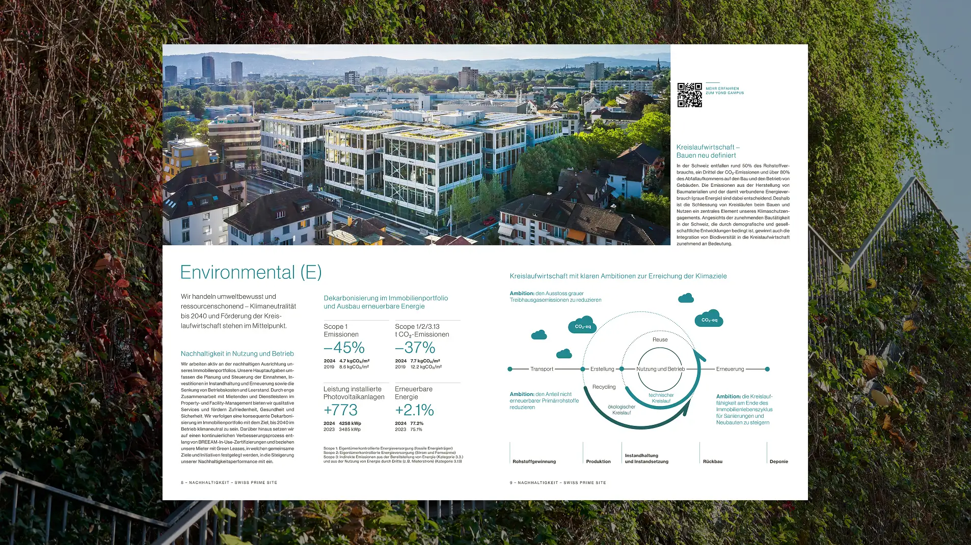 Aerial view of a modern office building surrounded by greenery in an urban area. The image includes text related to environmental impacts and sustainability efforts, displaying statistics and diagrams. The tone conveys a focus on environmental responsibility.