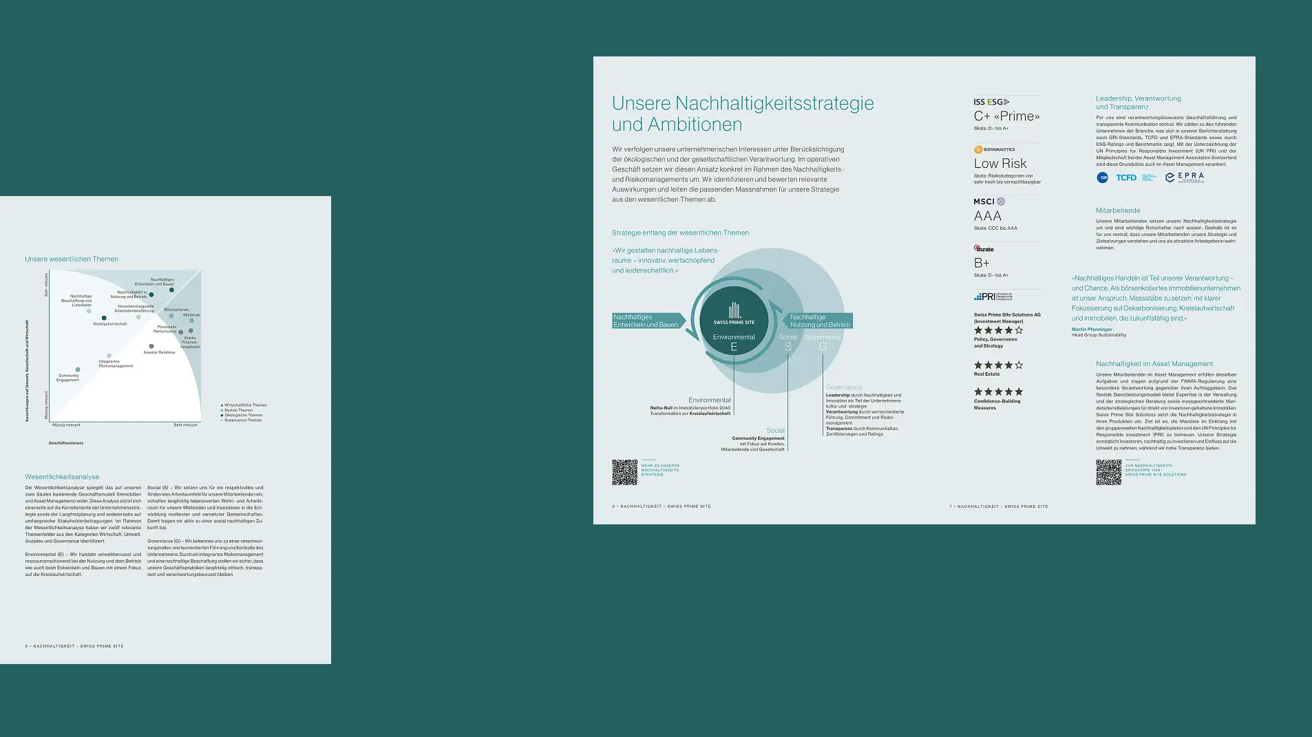 Two-page infographic in German detailing sustainability strategy. Left page shows a graph; right page features a circular flow chart and text. The tone is professional and informative.