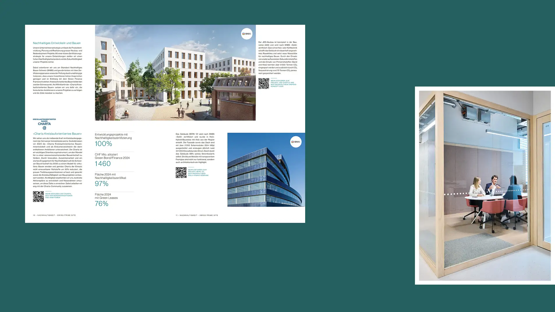 A spread features a modern office exterior with white buildings and green landscaping. Adjacent, a photo shows a glass-walled meeting room with three people in discussion around a round table, conveying a professional and collaborative tone.