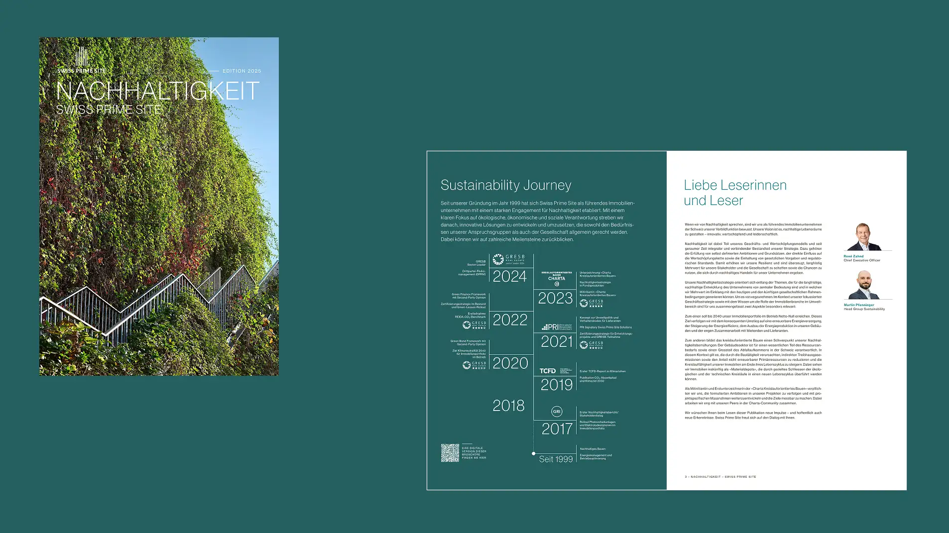Cover featuring a lush vertical garden with a metal staircase, conveying a theme of sustainability. Inside, a timeline details a sustainability journey, next to a letter with headshots of two people. Tone is informative and eco-focused.